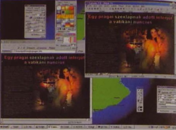 kép. Jobbra fenn a Canvas szerkesztőablaka, balra lenn ugyanannak az állománynak a HTML formátumban exportált leszármazottja az Internet Explorerben  