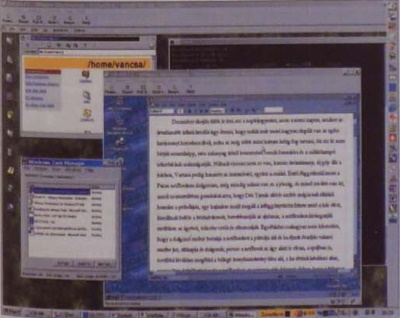 kép Két VMWare munkaállomást látunk, az egyik Linuxot futtat, a másikon Windows NT 4.0 alatt éppen WordPerfect 8 dolgozik és a jelen szöveg olvasható benne; kissé balra a Windows 2000 Task Managere látható, státussorából le lehet olvasni, hogy a memóriafoglaltság e pillanatban 442976 kilobájt, azaz Varuna 512 megás RAM-jában még így is tágas legelők maradnak üresen  