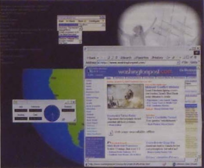  kép. A képernyő felső részén húzódó fekete mező a Console for Windows munkaterülete, előtte az Internet Slideshow felülete látható  