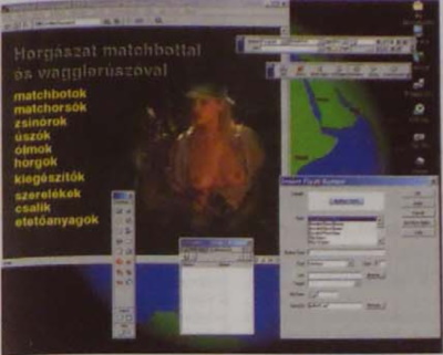 kép. Itt nemcsak Flash-gombok lesznek, hanem a kép is változni fog, ahogy mozgunk az oldalon; ha például az egérmutató a „csalik” szó fölé kerül, eltűnik a hölgy és a helyén megjelenik egy műanyag lótetű  